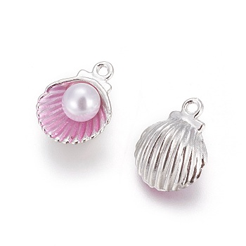 Alloy Enamel Pendants, with Acrylic Pearl Beads, Shell, Platinum, Pearl Pink, 15x11.5x7mm, Hole: 1.4mm