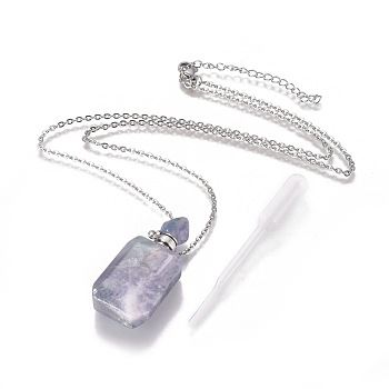 Natural Fluorite Openable Perfume Bottle Pendant Necklaces, with Stainless Steel Cable Chain and Plastic Dropper, Bottle, Platinum, 19.21 inch(50.6cm), Bottle Capacity: 0.15~0.3ml(0.005~0.01 fl. oz), 2mm
