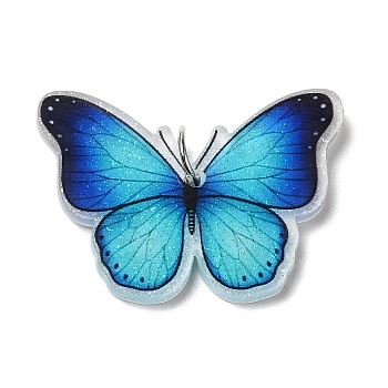 Opaque Acrylic Pendants, with Platinum Iron Jump Ring, Butterfly Charms, Deep Sky Blue, 25x33.5x4mm, Hole: 5.2mm