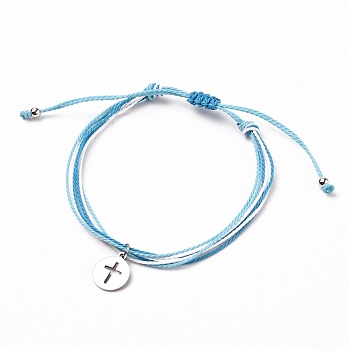 Waxed Polyester Cord Braided Bracelets, with Brass Beads, 304 Stainless Steel Charms, Flat Round with Cross, Sky Blue, Inner Diameter: 2~3-3/4 inch(5.2~9.6cm)
