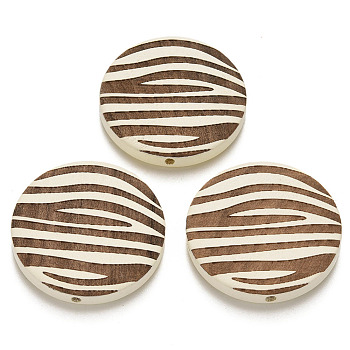 Painted Natural Wood Beads, Laser Engraved Pattern, Flat Round with Zebra-Stripe, Creamy White, 30x5mm, Hole: 1.6mm