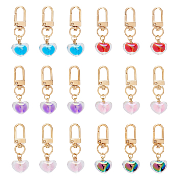 18Pcs 6 Colors AB Color Bead in Bead Style Acrylic Heart Pendant Decorations, Alloy Swivel Clasp Pendant Decoration, Mixed Color, 54mm, 3pcs/color