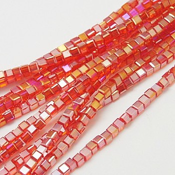 Electroplate Glass Beads Strands, AB Color Plated, Faceted, Cube, Red, 4~5x4~5x4~5mm, Hole: 1mm, 98~100pcs/strand, 40~43cm