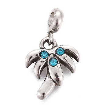 304 Stainless Steel Pendants, with Rhinestone and Tube Bails, Palm Tree, Aquamarine, Antique Silver, 16mm, Pendant: 10.5x9x2.5mm, Hole: 2.5mm