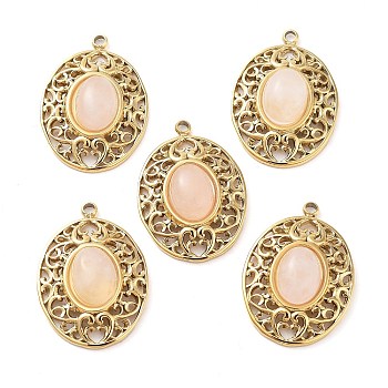 304 Stainless Steel Pendants, Natural Rose Quartz Oval Charms, Real 14K Gold Plated, 21x15x5.5~6.5mm, Hole: 1.5mm