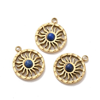 304 Stainless Steel Pave Natural Lapis Lazuli Sun Charms, Real 14K Gold Plated, 14.5x12x3mm, Hole: 1.4mm