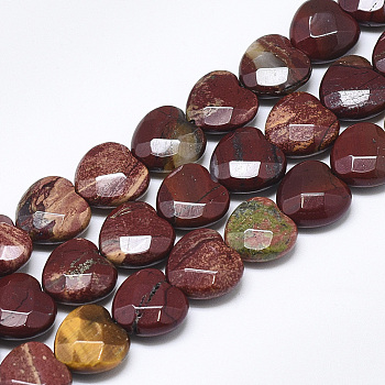 Natural Red Rainbow Jasper Beads Strands, Faceted, Heart, 10x10x5mm, Hole: 1.2mm, about 20pcs/strand, 7.4 inch