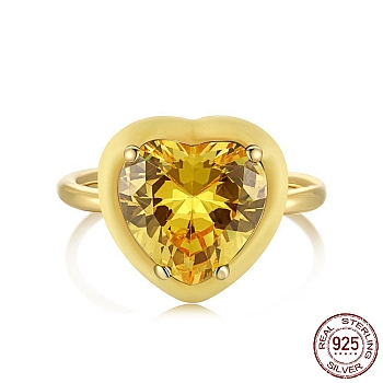 925 Sterling Silver Finger Rings, Birthstone Ring, Real 18K Gold Plated, with Enamel & Cubic Zirconia for Women, Heart, Yellow, 1.8mm, US Size 7(17.3mm)