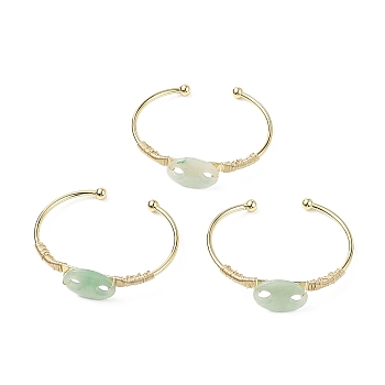 Natural Green Aventurine Coffee Bean Open Cuff Bangle, Real 18K Gold Plated Brass Wire Wrap Jewelry for Women, Cadmium Free & Lead Free, Inner Diameter: 1-7/8x2-1/2 inch(4.7x6.3cm)