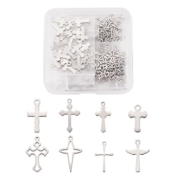 160Pcs 8 Styles 201 & 304 Stainless Steel Pendants, Cross, Stainless Steel Color, 20pcs/style