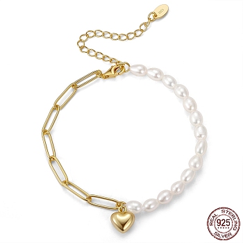 925 Sterling Silver Heart Charm Bracelet, Natural Baroque Pearl Beaded & Paperclip Chains Bracelets, with S925 Stamp, Golden, 6-1/2 inch(16.5cm)