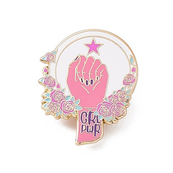 Rugosa Rose With Girl's Hand Enamel Pin, Golden Brass Feminism Brooch for Backpack Clothes, Pink, 39x32x1.5mm, Pin: 1.2mm.