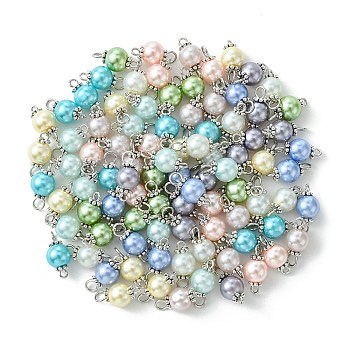 90Pcs 9 Colors Pearlized Glass Pearl Connector Charms, Round Links, with Platinum Tone Iron Double Loops, Mixed Color, 17x8mm, Hole: 2.5mm, 10pcs/color