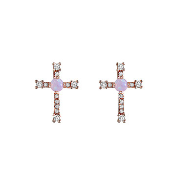 Real Rose Gold Plated, Brass Stud Earrings, Lead Free & Cadmium Free, with Grade AAAAA Cubic Zirconia & Resin Imitation Opal, Cross, Clear, 14x10mm