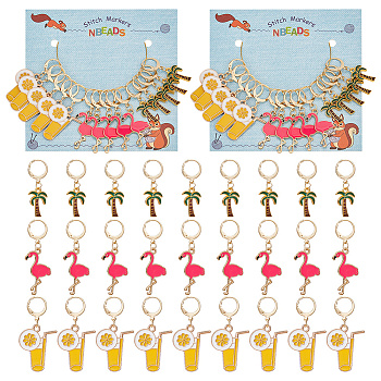 Summer Theme Alloy Enamel Pendant Locking Stitch Markers, Brass Leverback Earring & Steel Wine Glass Charm Rings Stitch Marker, Juice/Flamingo/Coconut Tree, Mixed Color, 3.4~4.4cm, 3 style, 5pcs/style, 15pcs/set