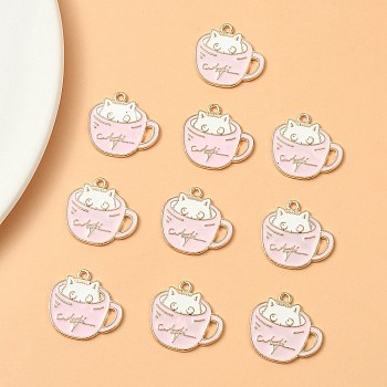 Alloy Enamel Pendants, Light Gold, Cup with Cat Charm, Pink, 18.5x20x1mm, Hole: 1.5mm