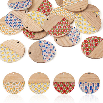 16Pcs 4 Colors Printed Resin & Wood Pendants, Flat Round Charm with Flower Pattern, Mixed Color, 35x2~3mm, Hole: 2mm, 4pcs/color
