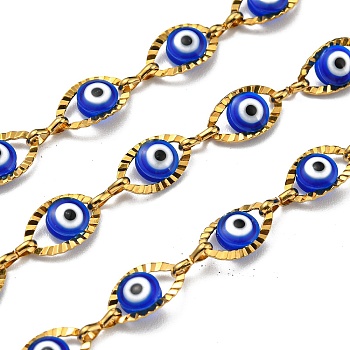 304 Stainless Steel Link Chains, with Evil Eye Acrylic Bead, Soldered, with Spool, Real 18K Gold Plated, Blue, Eye: 10.5x6x3mm, Link: 6x2x1mm, 10m/roll