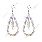 304 Stainless Steel Glass Seed Beads Dnagle Earrings, with 304 Stainless Steel Earring Hooks, Teardrop with Feather, Platinum, Plum, 68x29mm(EJEW-FS00078)