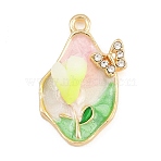 Alloy with Enamel Pendants, with Crystal Rhinestone and Polymer Clay, Flower with Butterfly Charms, Golden, Pink, 25x16x9mm, Hole: 1.8mm(RB-CBA01F2-02G-C)