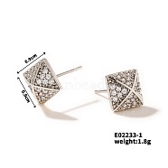 Shiny Delicate Stud Earrings with Vintage Pyramid Design and Full Rhinestones, Platinum, 9x9mm(DN2291-1)