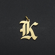 201 Stainless Steel Pendants, with Jump Ring, Old English, Letter, Laser Cut, Golden, Letter.K, 16x14x1mm, Hole: 3mm(A-STAS-R111-JA566-K)
