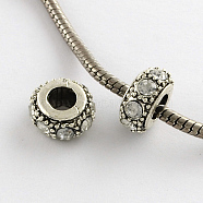Alloy Rhinestone Rondelle Large Hole European Beads, Antique Silver, Crystal, 12~13x6.5mm, Hole: 5~5.5mm(X-MPDL-R036-64H)