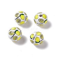 Fruit Printed Wood European Beads, Large Hole Bead, Round, Yellow, Lemon Pattern, 16x14.5mm, Hole: 4.2mm(WOOD-G013-01A)