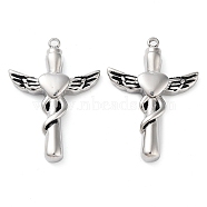 304 Stainless Steel Pendants, Cross with Heart Wing Charm, Antique Silver, 40x29x6.2mm, Hole: 2.2mm(STAS-L022-381AS)