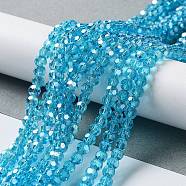 Electroplate Glass Bead Strands, Pearl Luster Plated, Faceted(32 Facets), Round, Deep Sky Blue, 4mm(EGLA-R015-4mm-12)