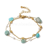 Nuggets Natural Amazonite & Imitation Pearl Multi-Strand Bracelets, Ion Plating(IP) 304 Stainless Steel Cable Chain Bracelets for Women Men, Golden, 6-1/2 inch(16.4cm)(BJEW-P326-04A-G)