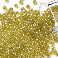 (Repacking Service Available) Glass Seed Beads, Trans. Colours Lustered, Round, Yellow, 6/0, 4mm, Hole: 1.5mm, about 12G/bag(SEED-C015-4mm-110)