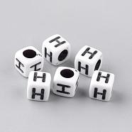 Opaque Acrylic Beads, Letter Style, Cube, Letter.H, 6x6x6mm, Hole: 3mm, about 3000pcs/500g(SACR-Q188-02H)
