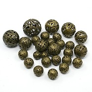 Mixed Iron Filigree Hollow Round Beads, Filigree Ball, Nickel Free, Antique Bronze, 6~16mm, Hole: 1mm, about 170pcs/100g(IFIN-X0008-AB-NF)