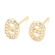 Brass Micro Pave Clear Cubic Zirconia Stud Earrings, Greek Alphabet, Real 18k Gold Plated, Letter.Q, 8x6x1.5mm, Pin: 0.9mm(EJEW-O103-07G)