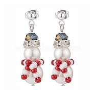 Shell Pearl & Glass Braided Christmas Snowman Dangle Stud Earrings, 304 Stainless Steel Jewelry for Women, Red, 34mm, Pin: 0.8mm(EJEW-TA00089)