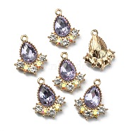 Glass Rhinestone Pendants, with Light Gold Plated Zinc Alloy Findings, Teardrop Charms, Tanzanite, 20x16x5mm, Hole: 1.5mm(FIND-TAC0017-07LG-04)