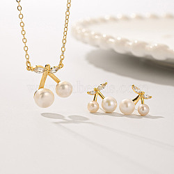 Luxurious Copper Inlaid Zirconia Faux Pearl Cherry Earrings Necklace Set(DL0813)