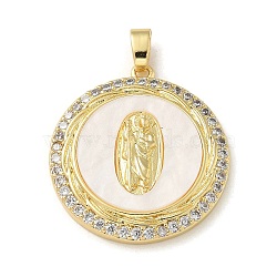 Brass Micro Pave Clear Cubic Zirconia Pendants, with Shell, Flat Round with Virgin Mary Charms, Real 14K Gold Plated, 27x24.5x4mm, Hole: 5x3mm(KK-U046-08G)