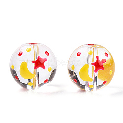 Transparent Handmade Lampwork Beads, Round with Moon and Star Pattern, Yellow, 12.5x11.5mm, Hole: 1.6mm(LAMP-T011-33B)