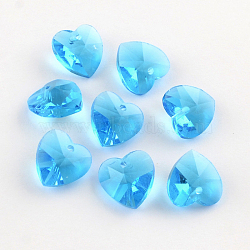 Faceted Heart Transparent Glass Charm Pendants, Deep Sky Blue, 10x10x5mm, Hole: 1mm(GLAA-S054-07)