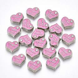 Alloy Cabochons, Fit Floating Locket Charms, with Enamel and Rhinestone, Heart with Flower Girl, Hot Pink, Crystal, Platinum, 7x8.5x2.5mm(PALLOY-T054-110)