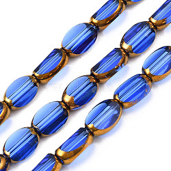 Electroplate Glass Beads Strands, Edge Plated, Oval, Royal Blue, 7x4.5x4mm, Hole: 0.8mm, about 50pcs/strand, 13.07~13.15 inch(33.2~33.4cm)(EGLA-N008-015E)