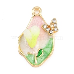 Alloy with Enamel Pendants, with Crystal Rhinestone and Polymer Clay, Flower with Butterfly Charms, Golden, Pink, 25x16x9mm, Hole: 1.8mm(RB-CBA01F2-02G-C)