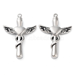 304 Stainless Steel Pendants, Cross with Heart Wing Charm, Antique Silver, 40x29x6.2mm, Hole: 2.2mm(STAS-L022-381AS)