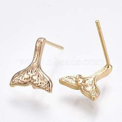 Brass Stud Earring Findings, with Loop, Mermaid Fishtail, Nickel Free, Real 18K Gold Plated, 10.5x9mm, Hole: 1mm, Pin: 0.8mm(KK-T038-275G)