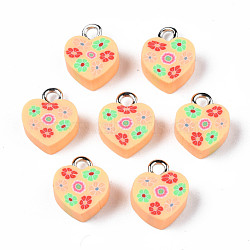 Handmade Polymer Clay Charms, with Platinum Plated Iron Loop, Heart with Flower, Sandy Brown, 11~12.5x9.5~10x4~5mm, Hole: 1.8mm(CLAY-N006-46C)