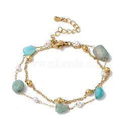 Nuggets Natural Amazonite & Imitation Pearl Multi-Strand Bracelets, Ion Plating(IP) 304 Stainless Steel Cable Chain Bracelets for Women Men, Golden, 6-1/2 inch(16.4cm)(BJEW-P326-04A-G)