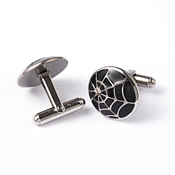 Flat Round with Spider Web 304 Stainless Steel Enamel Cufflinks, Stainless Steel Color, 18mm(STAS-H317-102)
