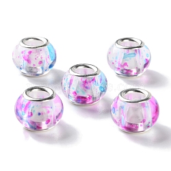 Transparent Two-Color Brass Cores Acrylic European Beads, Round, Large Hole Bead, Silver, Magenta, 14x10mm, Hole: 5mm(OACR-M024-05S-01)